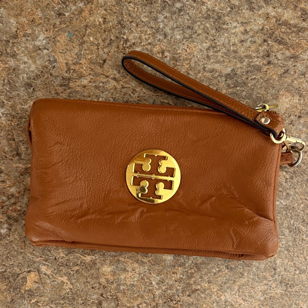 Tory Burch Tan Leather Wristlet with Gold Logo